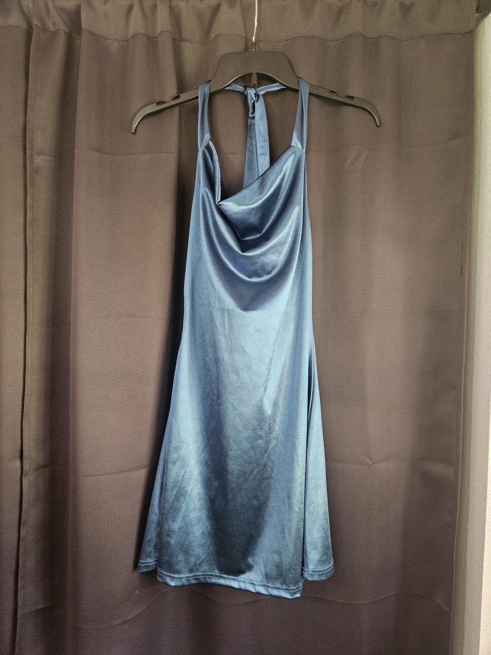 Zaful Steel Blue Satin Backless Halter Slip Dress